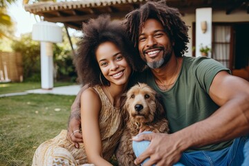 An affectionate and smiling couple with their child embracing their furry friend in the comfort of their backyard - obrazy, fototapety, plakaty