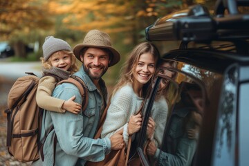 Fototapeta na wymiar Smiling family with backpacks by their car, ready for an outdoor adventure in autumn