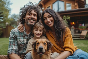 A happy family of four enjoying outdoor moments with their pet dog in front of their home, expressing joy and unity - obrazy, fototapety, plakaty