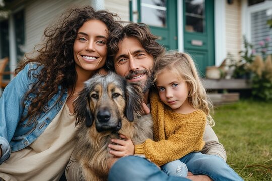A cheerful family of three with a joyful dog posing for a photo in their lush garden with a cozy house in the background