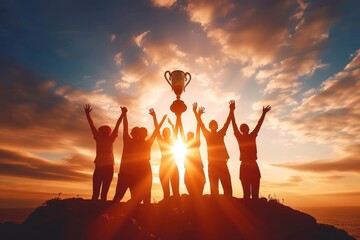 A group of individuals jubilantly raising a trophy together against a beautiful dusky sky, symbolizing shared success