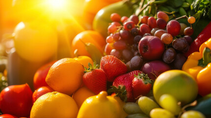 Brightly colored fruits and vegetables painted against the backdrop of a setting sun.