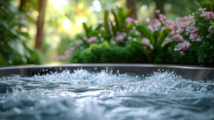 Crystal clear jets flowing in a hot tub amidst lush garden for relaxation. - obrazy, fototapety, plakaty