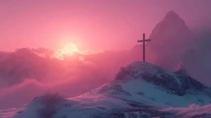 Fotobehang Sunrise at mountain crest with cross symbolizing faith and hope © maniacvector