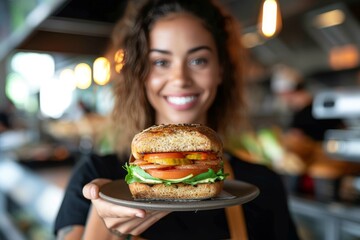 Vivacious female presenting a well-prepared burger with a beaming smile inside a restaurant