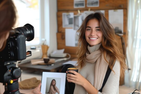 Smiling young woman being photographed while holding a cup of coffee in a studio