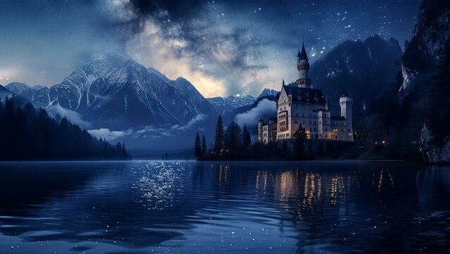 castle on the lake. Seamless looping time-lapse virtual 4k video animation background	