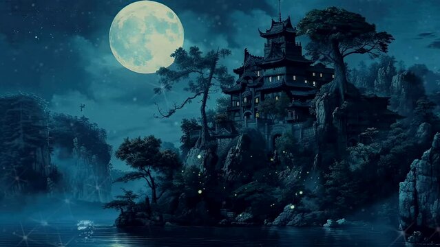 Chinese castle on the river bank at night. Seamless looping time-lapse virtual 4k video animation background	