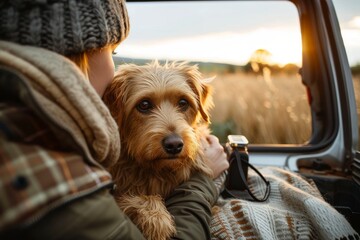 Warm, tranquil image of a brown dog resting its head gently on a person's shoulder in a car, symbolizing trust and comfort