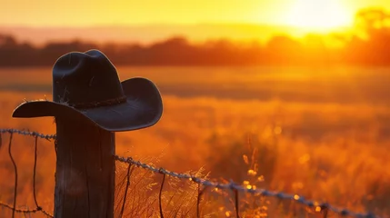 Fototapeten Iconic Cowboy Hat on Wooden Fence During a Picturesque Country Sunset © maniacvector