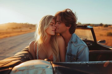 Sun-kissed image capturing a romantic moment between a couple kissing in a car during a scenic road-trip at sunset