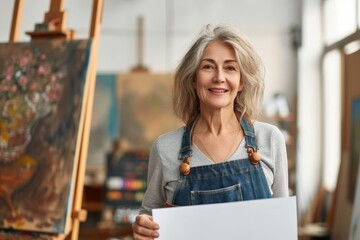 A smiling mature artist in a studio with colorful paintings holding a blank canvas toward the viewer