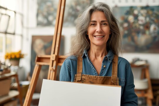 Confident senior woman artist in her studio holding a blank canvas, surrounded by artwork