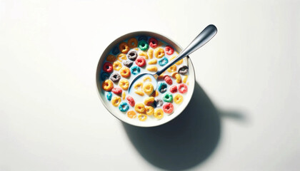 A top-down view of a bowl of cereal capturing the colorful cereal pieces floating in milk