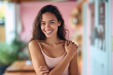 A cheerful young woman with a beaming smile looking at the camera in a brightly colored indoor setting