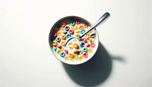 A top-down view of a bowl of cereal capturing the colorful cereal pieces floating in milk wallpaper background