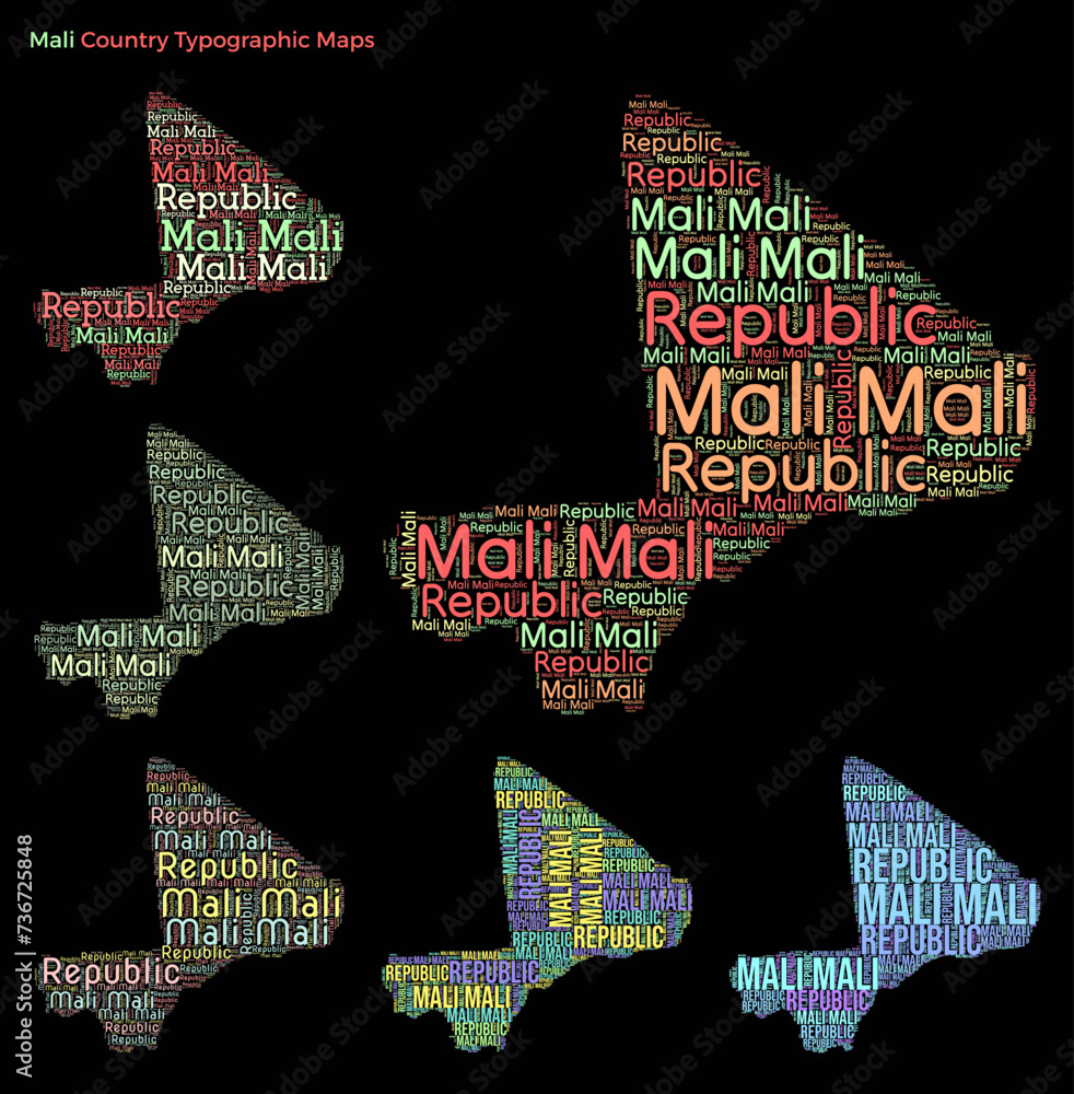 Poster mali. set of typography style country illustrations. mali map shape built of horizontal and vertical