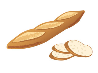 フランスパン(バタールで丸ごと1本とスライスしたもの)のイラストセット