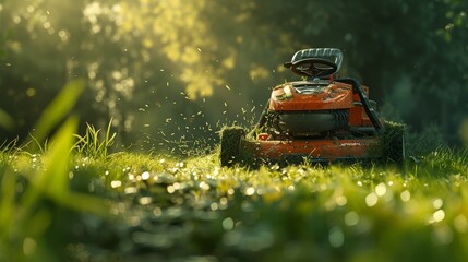 Early morning lawn care with a lawnmower cutting through fresh green grass. - obrazy, fototapety, plakaty