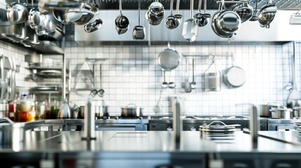 Stainless steel kitchenware hangs in a professional chef's clean kitchen.