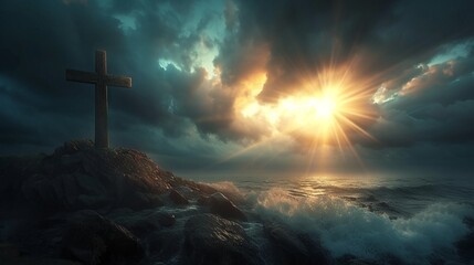 Dramatic clouds and ocean waves frame a solitary cross, symbolizing hope and resilience