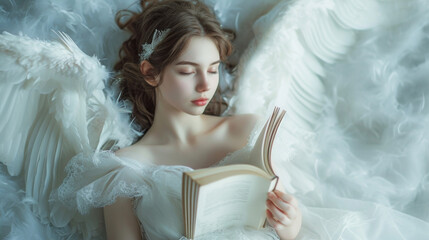 A delicate angel with flowing hair whispering poetry into the ear of a writer and filling their...