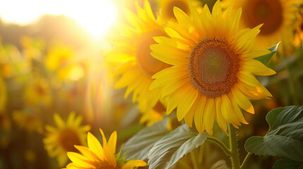 Sun rays pouring through a of bright yellow sunflowers creating a cheerful and lively scene.