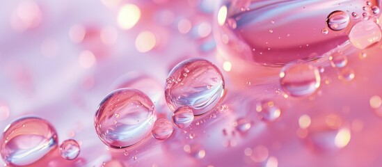 A macro shot of water drops on a pink surface, showcasing the natural beauty of liquid in shades of violet and magenta