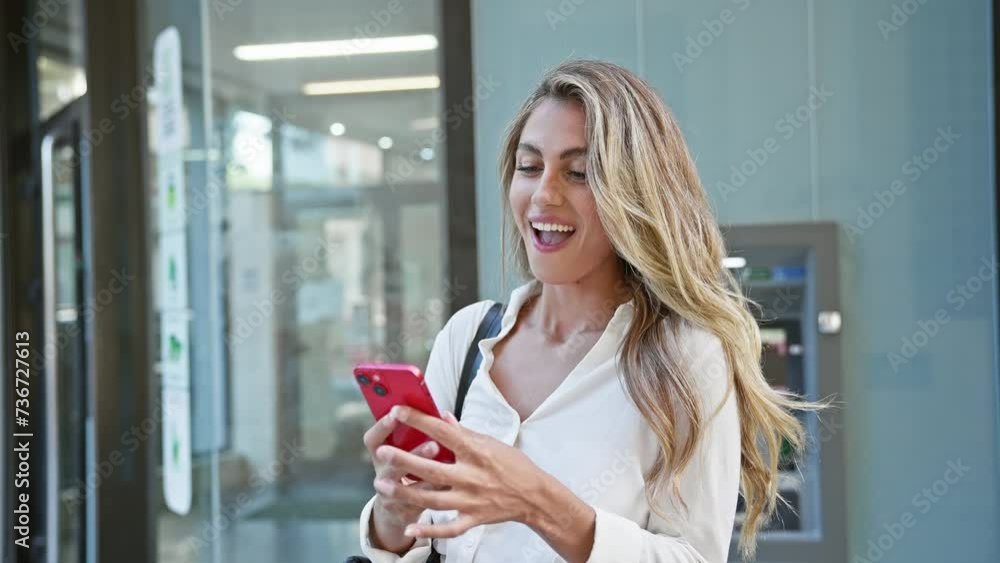 Sticker cheerful and attractive young blonde woman celebrating her victory outdoors, joyfully using her phon