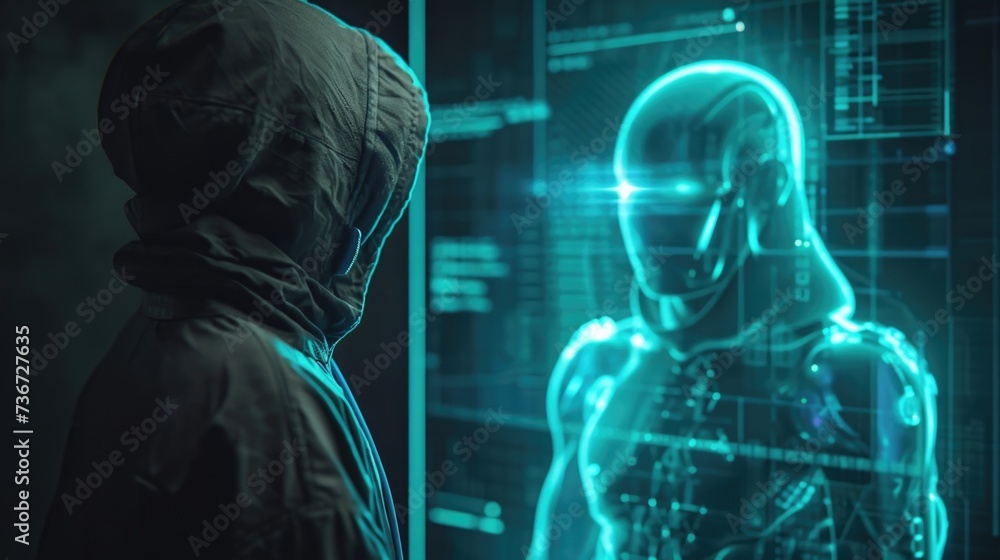 Poster a realistic hologram of a malicious hacker dressed in allblack with a menacing smirk facing off agai