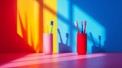 Toothbrushes in vibrant holders casting playful shadows, personal hygiene focus