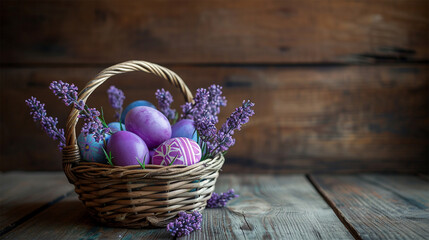Easter painted eggs in a basket on a wooden table against a wooden wall, lies lilac, rustic style 