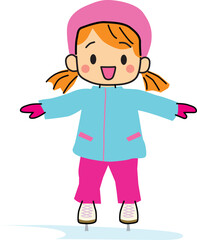 Illustration of a girl ice skating. Vector Illustration. Wearing a pink helmet, light blue jacket, pink pants and white ice skates.