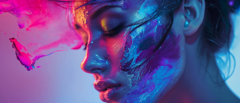 A vibrant human face adorned with a spectrum of magenta, violet, and purple hues, exuding a captivating and artistic aura in this colorful portrait