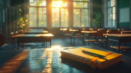 Golden sunlight streaming into an empty classroom with desks and notebooks - obrazy, fototapety, plakaty