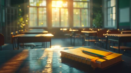 Foto op Canvas Golden sunlight streaming into an empty classroom with desks and notebooks © rorozoa
