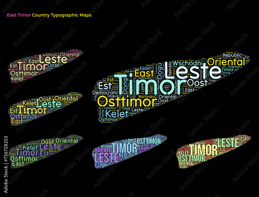 Poster timor-leste. set of typography style country illustrations. timor-leste map shape built of horizonta