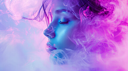 A hauntingly beautiful portrait of a girl with violet and magenta hues in her hair, intertwined with ethereal wisps of smoke, evoking a sense of mystery and artistry