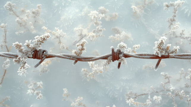 Texture of glistening frost on a barbed wire fence resembling a winter wonderland scene.