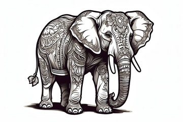 An illustration featuring a white elephant walking in nature, isolated and majestic, with a baby elephant following closely behind