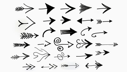 Arrow designs on a pure white background, each rendered in black ink - obrazy, fototapety, plakaty