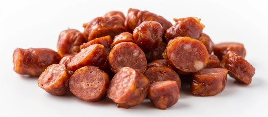 Obraz premium a pile of chorizo sausages on a white surface . High quality