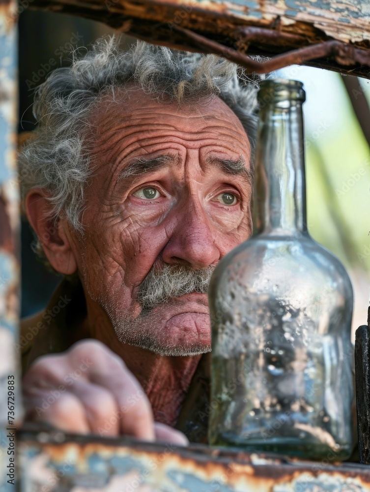 Poster an old man looks out the window of a rusty old building with an empty bottle. generative ai.