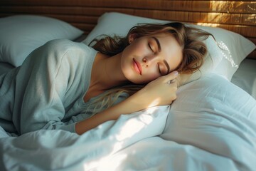 An image depicting an individual lying down in a crisp white bed, exuding a sense of calm and relaxation