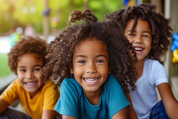 Fototapeta premium Group of three children posing with big smiles in an outdoor setting, radiating happiness