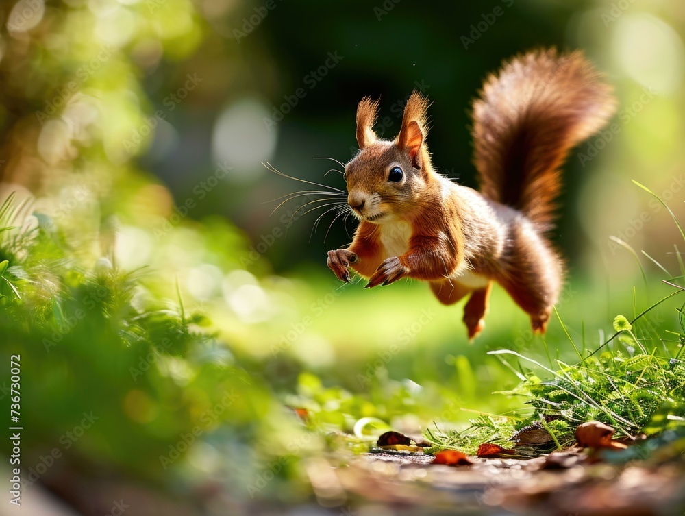 Poster a squirrel running through the grass. generative ai.