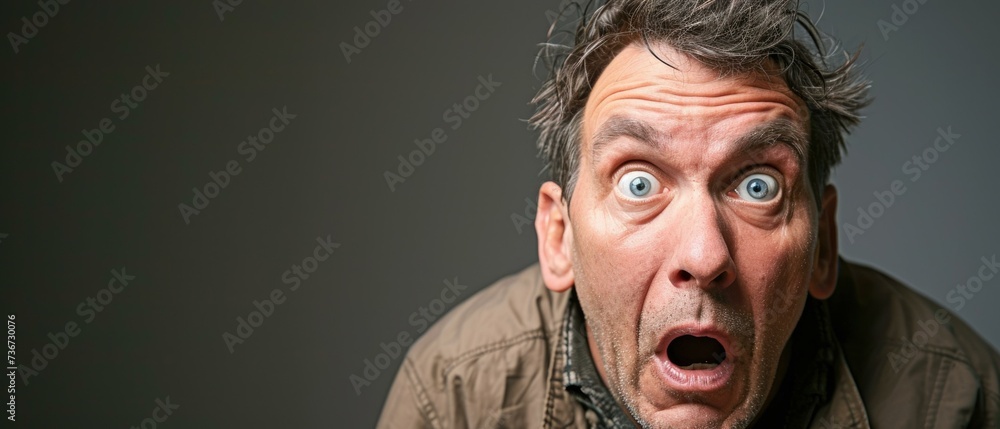 Poster a man is looking surprised while making a face. generative ai.