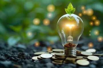 An artistic eco-friendly concept with a green plant sprouting from a light bulb surrounded by coins on nature-inspired background
