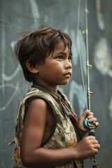 A young boy holding a fishing rod. Generative AI.