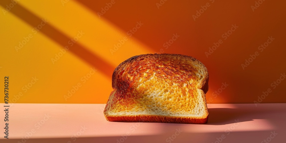 Poster a slice of toast sitting on a table in front of an orange wall. generative ai.